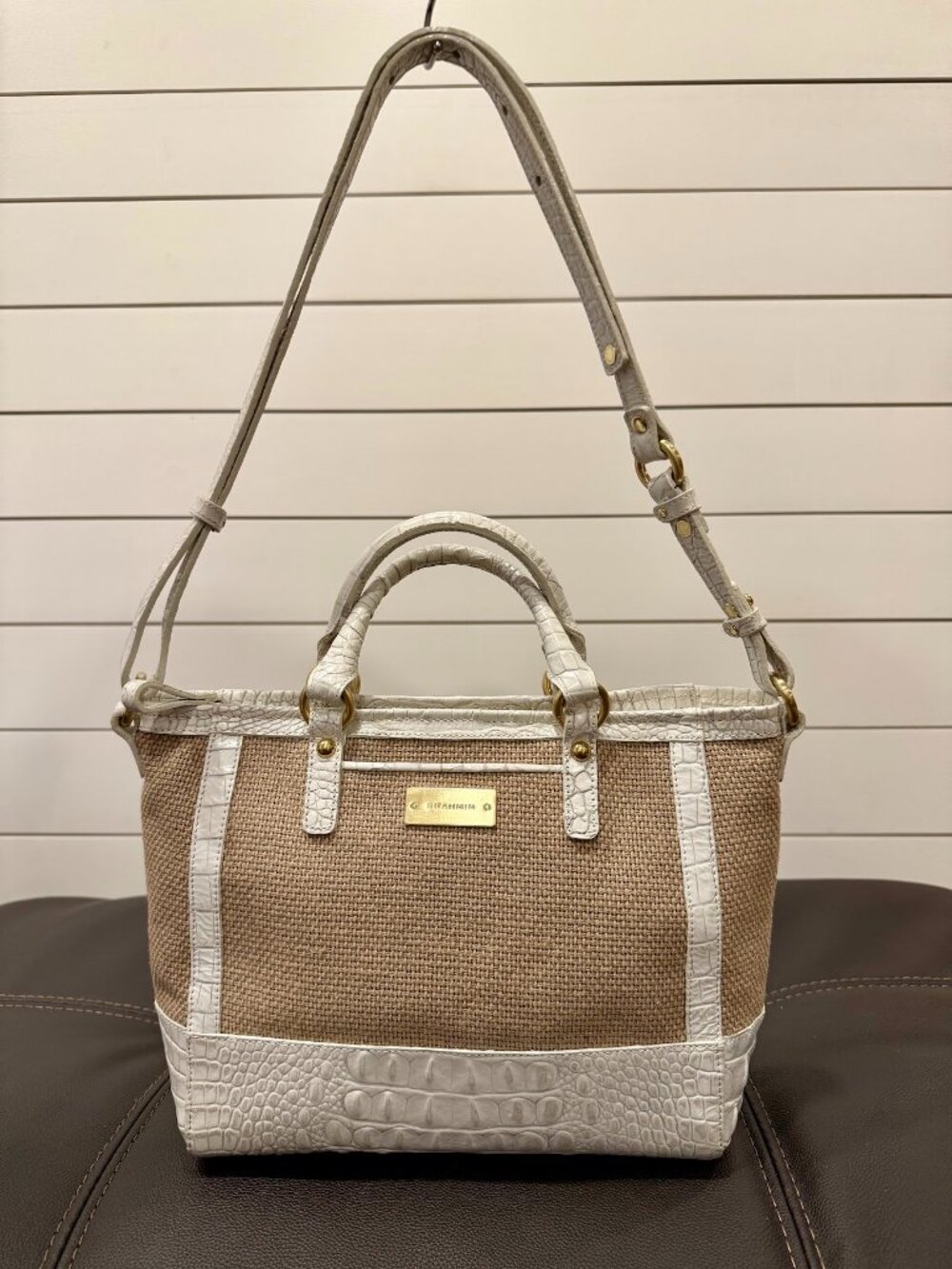 Brahmin White Croc Embossed Leather & Woven Straw Satchel Shoulder Bag